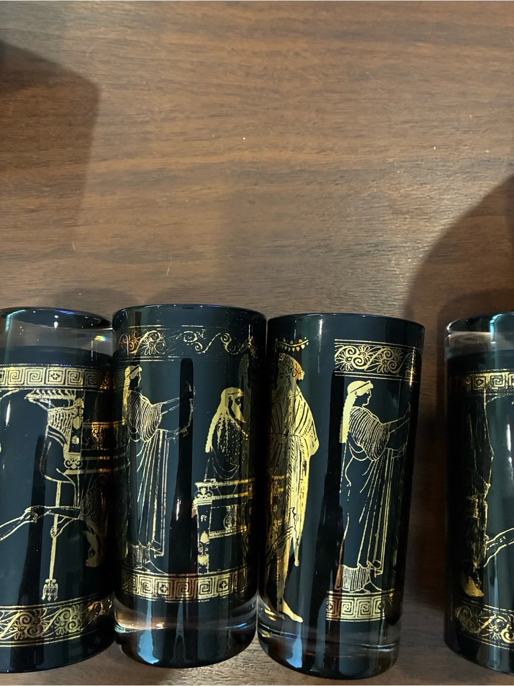 Egyptian Revival High Ball Black Gold Greek Motif Glass Tumblers - Set of 4 FAB!